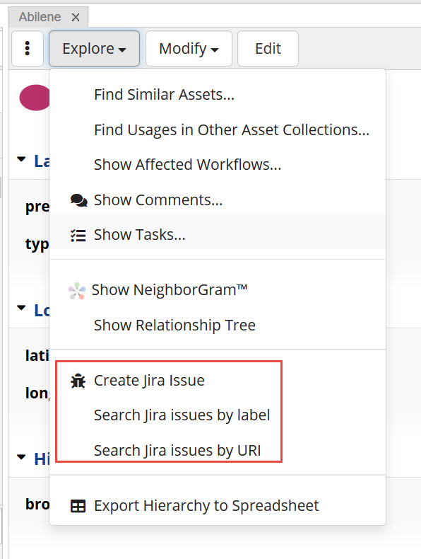 TopBraid EDG Create and Search Jira Issue Dropdown