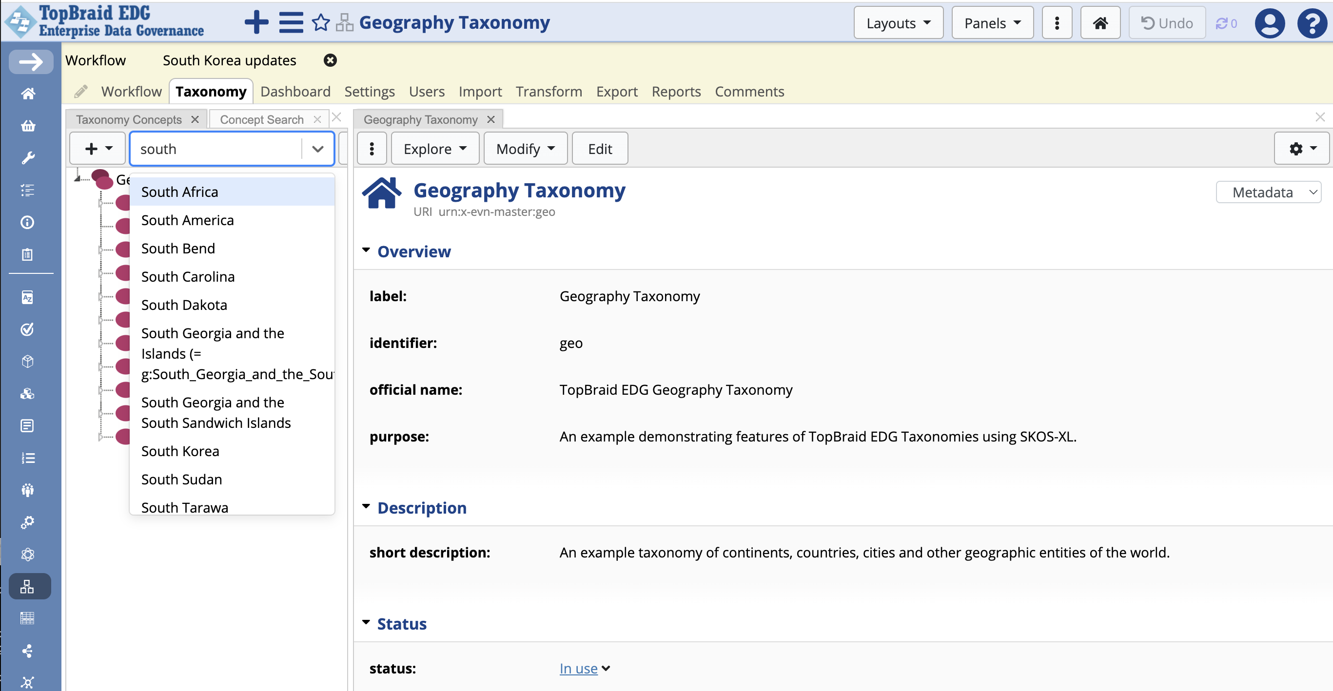 TopBraid EDG Geography Taxonomy Search Options