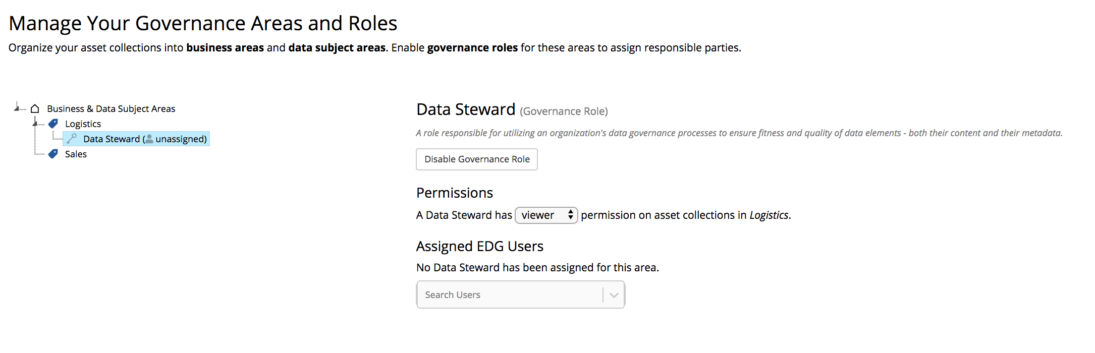 TopBraid EDG Manage Your Governance Areas and Roles Page