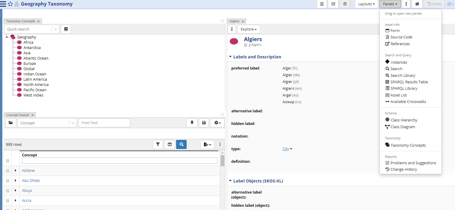 TopBraid EDG Geography Taxonomy - Panels Dropdown