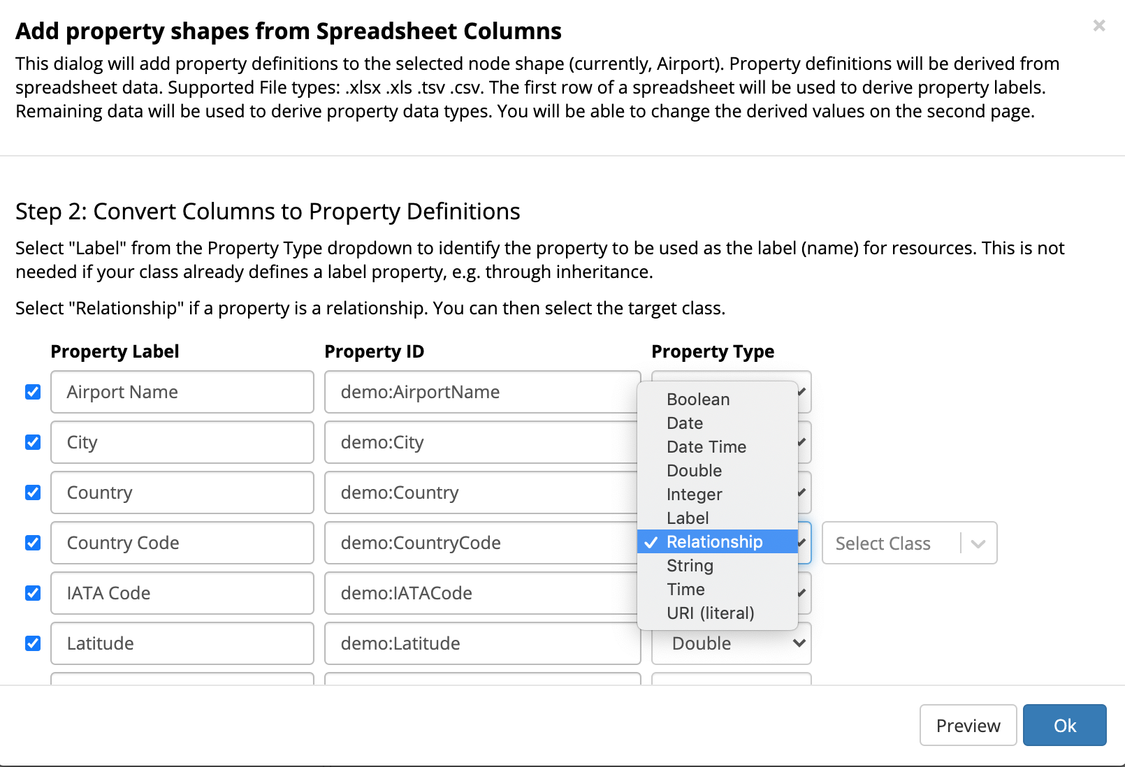 TopBraid EDG Adding Property Shapes from Spreadsheet Columns Example