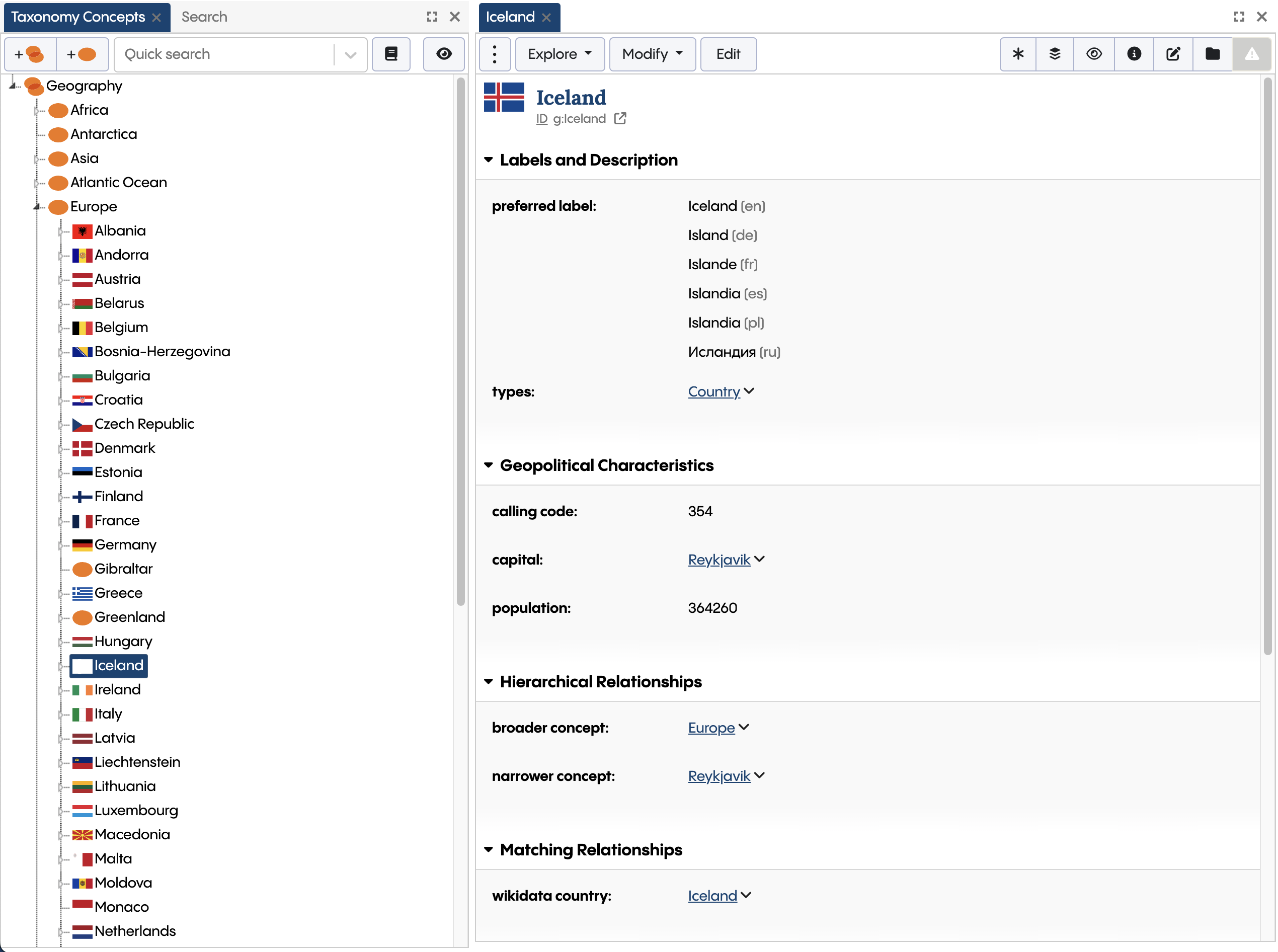 TopBraid EDG screenshot showing the link from the local Iceland asset to its Wikidata twin