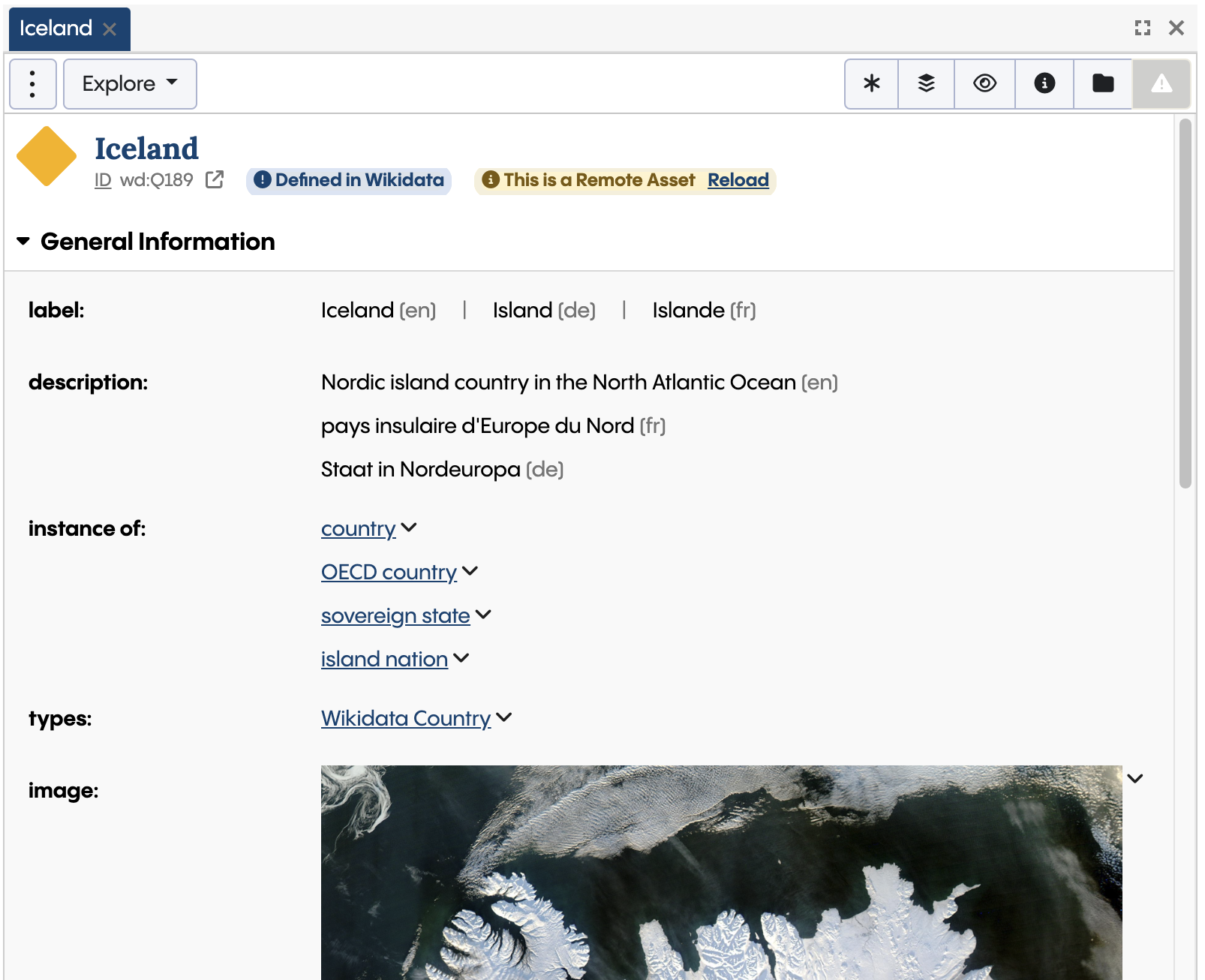 TopBraid EDG screenshot showing the details of the Wikidata country Iceland