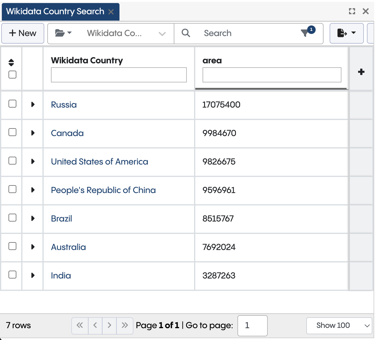 TopBraid EDG screenshot showing a search across countries with a given minimum size